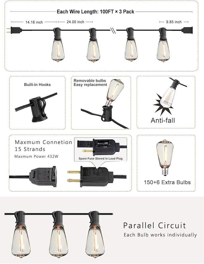 DAMAING String Lights for Outside 300FT shatterproof connectable Patio Lights Outdoor 3 Pack x 100FT with 156 PCS Vintage dimmable LED Edison Bulbs,Waterproof Hanging Lights for Backyard,Deck-VerdiqueGarden