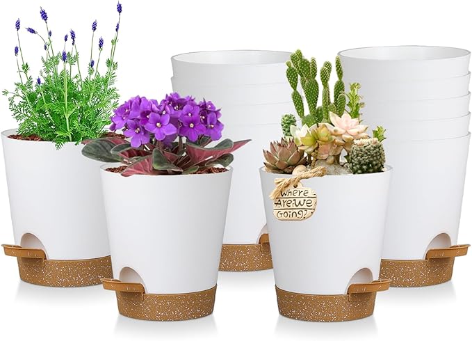 12 Pack 4 Inch Self Watering Plant Pots with Drainage and Saucers，Plastic Flower Pots for Indoor and Outdoor Plants, Nursery Planters for Houseplants and Herbs White Brown, 4 inch 12pcs-VerdiqueGarden