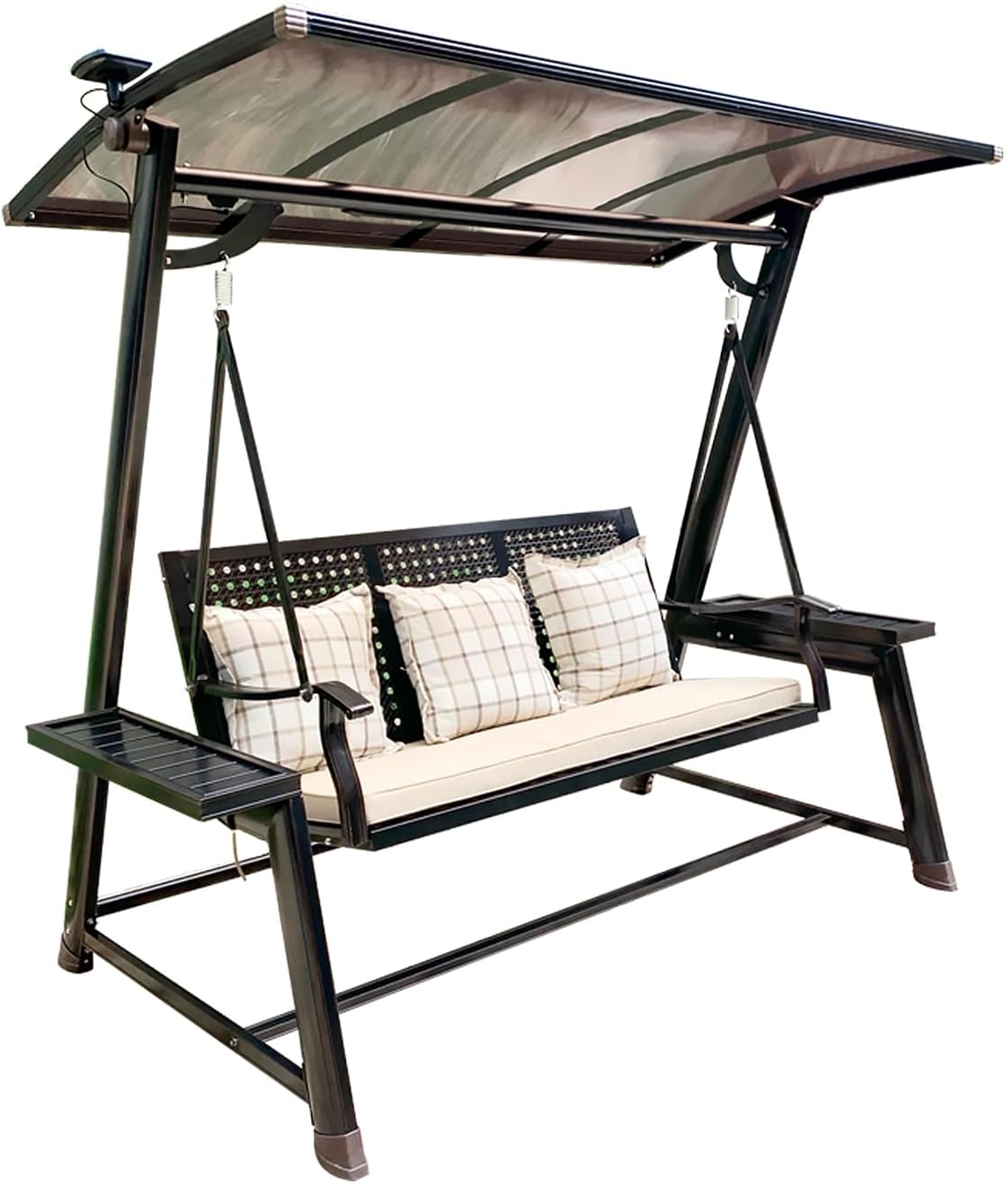 2/3-Seat Outdoor Patio Porch Swing with Adjustable Aluminum Alloy Canopy Solar Patio Swing Chair Bench with Footrest Side Cup Holder for Backyard Lawn (L-Aluminum Mesh Red Copper-3 Seat)-VerdiqueGarden