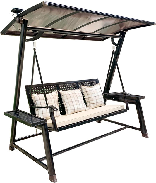 2/3-Seat Outdoor Patio Porch Swing with Adjustable Aluminum Alloy Canopy Solar Patio Swing Chair Bench with Footrest Side Cup Holder for Backyard Lawn (L-Aluminum Mesh Red Copper-3 Seat)-VerdiqueGarden