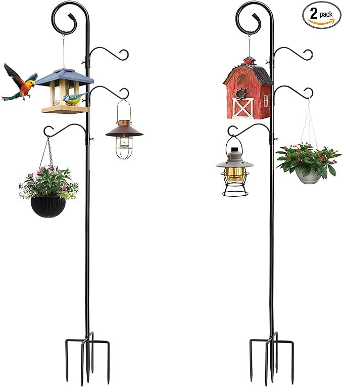 108 Inch Shepherds Hooks for Outdoor 2 Pack, Bird Feeder Poles with 4 Hooks, Shepherds Hook for Bird Feeders Outside with Base, Garden Pole for Hanging Plant Baskets, Weddings Decor (108 Inch)-VerdiqueGarden