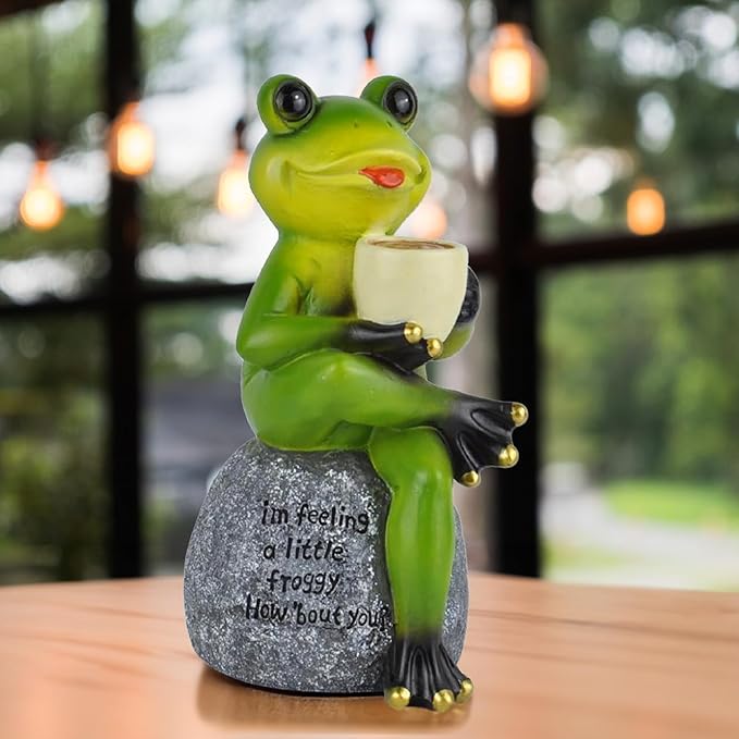 Spring & Summer-Themed Garden Statues – Adorable Outdoor Decor for Lawn, Patio & Porch (Coffee Drinking Frog Garden Statue with Funny Quote)-VerdiqueGarden