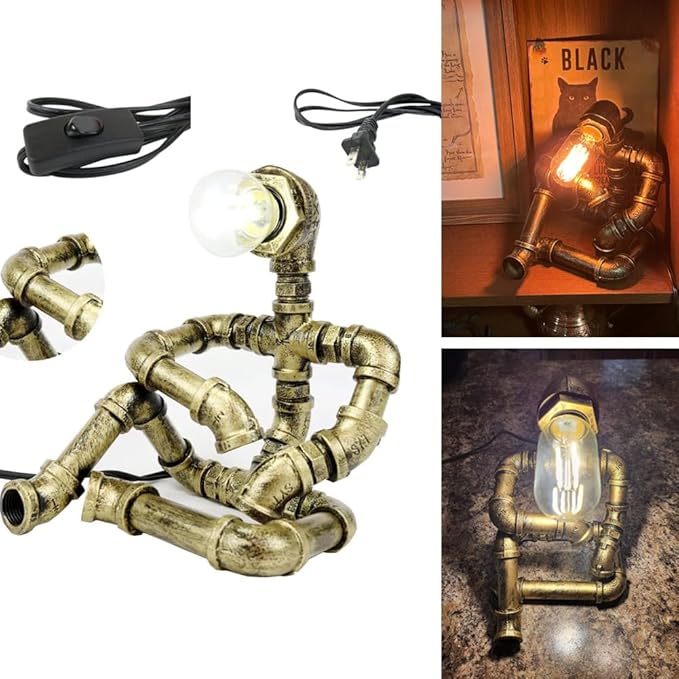 Steampunk Table Robot Lamps with 2 Bulbs,Retro Industrial Robot Desk Lamps Water Pipe Light for Office,Bedroom,Living Room in Bronze-VerdiqueGarden