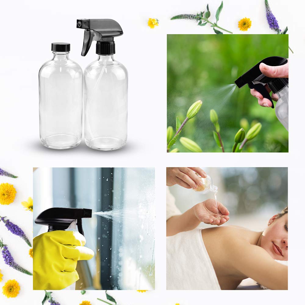 Glass Spray Bottle Kit×10 (2×16 oz, 2×4 oz, 6×2 oz), 9×10 ml Roller Bottles, Anti UV, Multi Size and Versatile, Suitable for Aromatherapy, Facial Moisturizing, Watering, etc.(Clear)-VerdiqueGarden