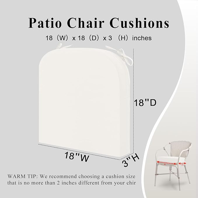 Outdoor Chair Cushions Set of 2, Waterproof Foam Patio Seat Cushions with Ties for Garden Sofa & Dining Furniture, 3-Year Color Fastness, 18x18x3 Inch, Beige-VerdiqueGarden