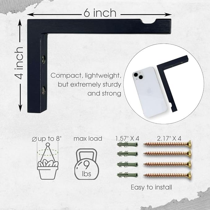 2-Piece Set of Plant Hooks for Wall 6 Inch - L-Shaped Mounted Wooden Plant Hook - Indoor and Outdoor Bracket Plant Hanger for Planters, Lanterns, Bird Feeders and Plant Basket (Black)-VerdiqueGarden