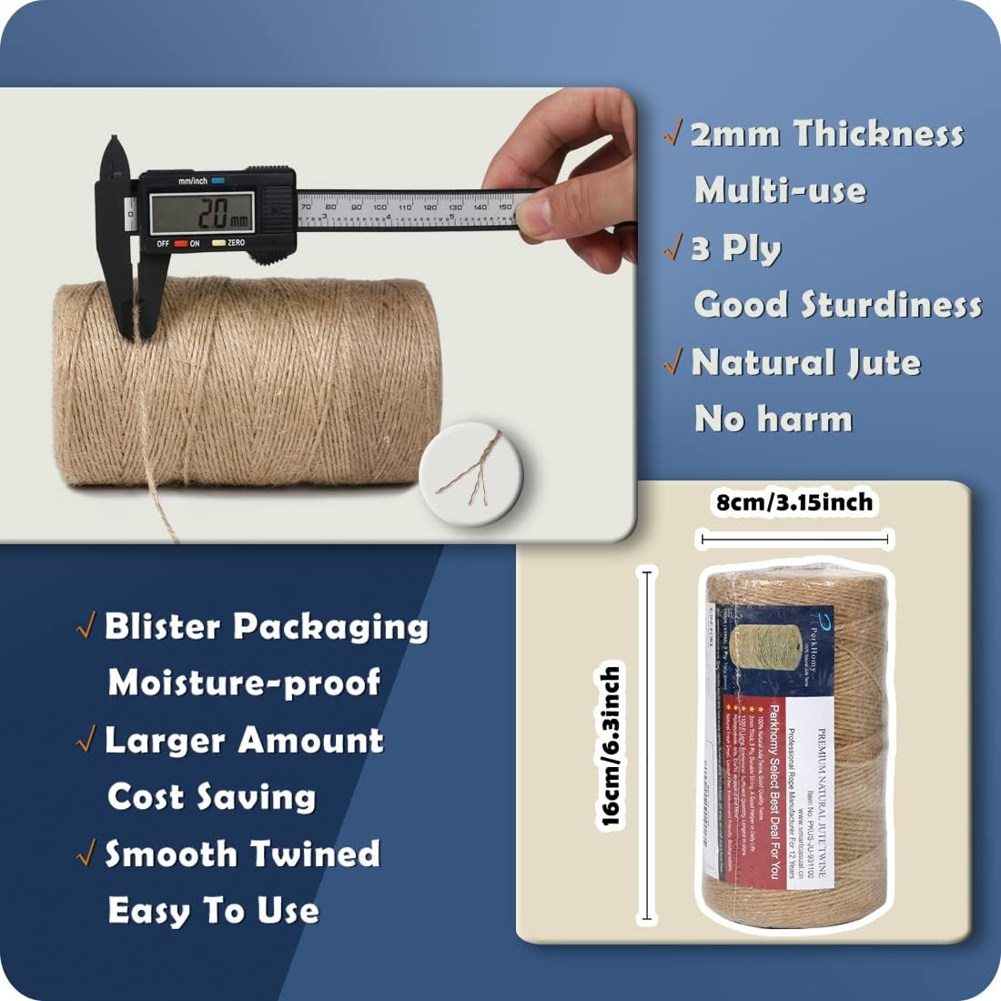 PerkHomy 1100FT Jute Twine String 2mm 3ply Natural Thin Twine for Craft Gardening Gift Wrapping Packing Material Wedding Christmas Decoration Bulk-VerdiqueGarden