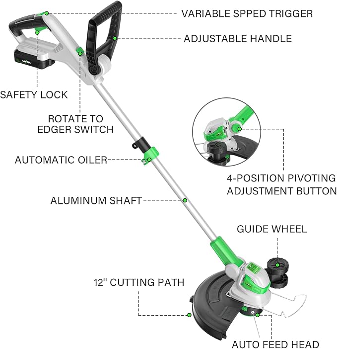 SOYUS Weed Wacker Battery Operated, 12 Inch String Trimmer Cordless, 20V Weed Wacker Electric with Battery and Charger, Lightweight Edger Trimmer with 8 Pcs Replacement Spool Trimmer Lines-VerdiqueGarden