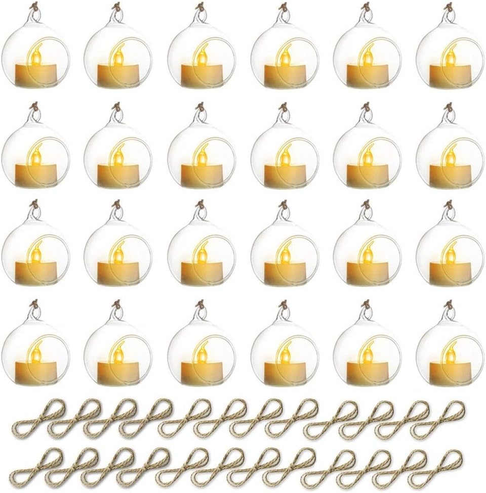 Sziqiqi Hanging Glass Globes Orbs Tea Light Candle Holders with Flameless LED Tealight for Wedding Ornaments, Wedding Birthday Christmas Party Centerpiece Accessory 2.36inch 20pcs +4 Extra-VerdiqueGarden
