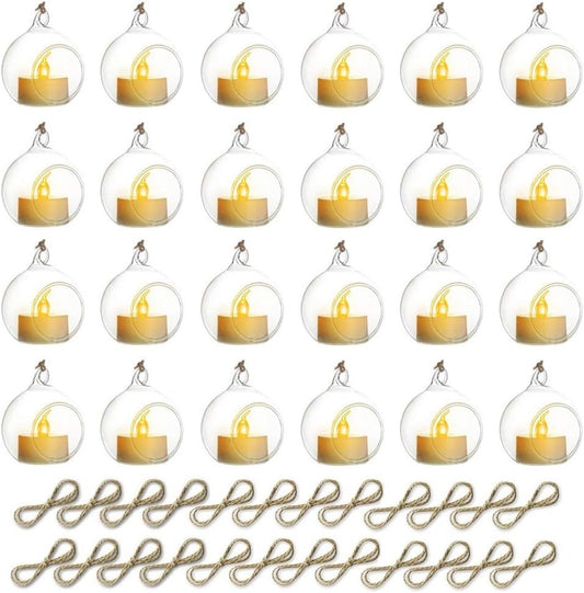 Sziqiqi Hanging Glass Globes Orbs Tea Light Candle Holders with Flameless LED Tealight for Wedding Ornaments, Wedding Birthday Christmas Party Centerpiece Accessory 2.36inch 20pcs +4 Extra-VerdiqueGarden