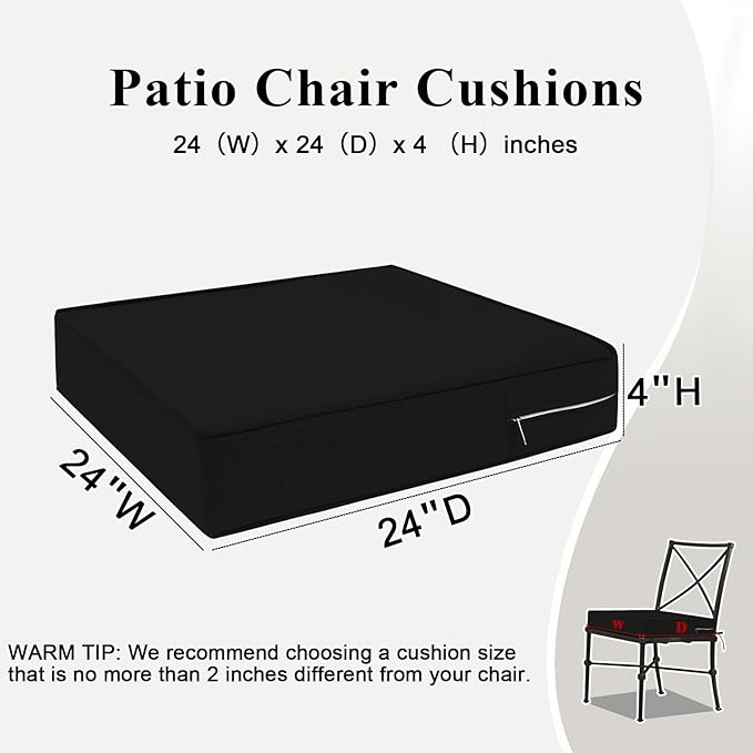 Outdoor Chair Cushions Set of 2 for Patio Furniture 24x24x4 Inch Waterproof Patio Chair Cushion 3 Year Color Fastness Square Elastic Foam Garden Couch Pads with Ties and Handle,Black-VerdiqueGarden