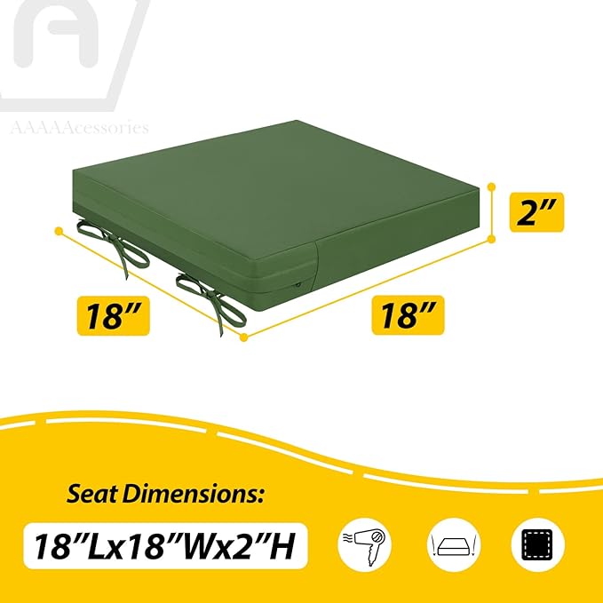 AAAAAcessories Outdoor Seat Cushions for Chairs, Waterproof, Fade-Resistant Patio Furniture Replacement Cushions, 18" x 18" x 2", Set of 2, Dark Moss-VerdiqueGarden