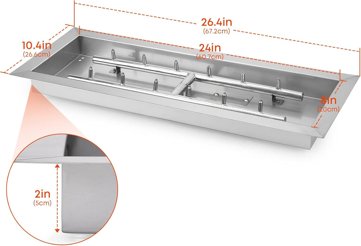 Stanbroil 24" x 8" Upgrade Rectangle Fire Pit Jet Burner Pan, 304 Stainless Steel Natural & Propane Gas Firepit for Outside, High Flame, 90k BTU Max-VerdiqueGarden