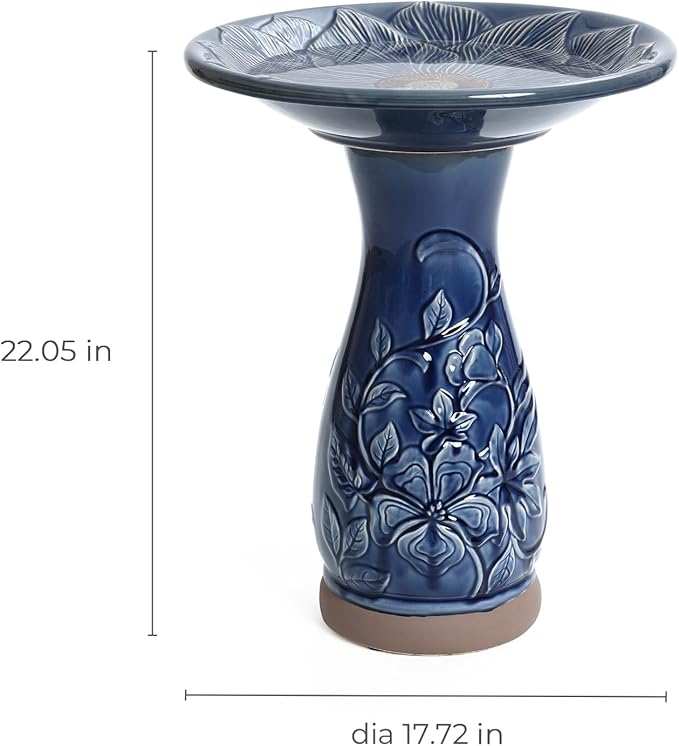 LuxenHome 22 Inch Ceramic Bird Bath for Outside, Elegant Tall Outdoor Bird Bath, Lightweight Pedestal Glazed Birdbaths for Outdoors with Floral Pattern, Deep Blue-VerdiqueGarden