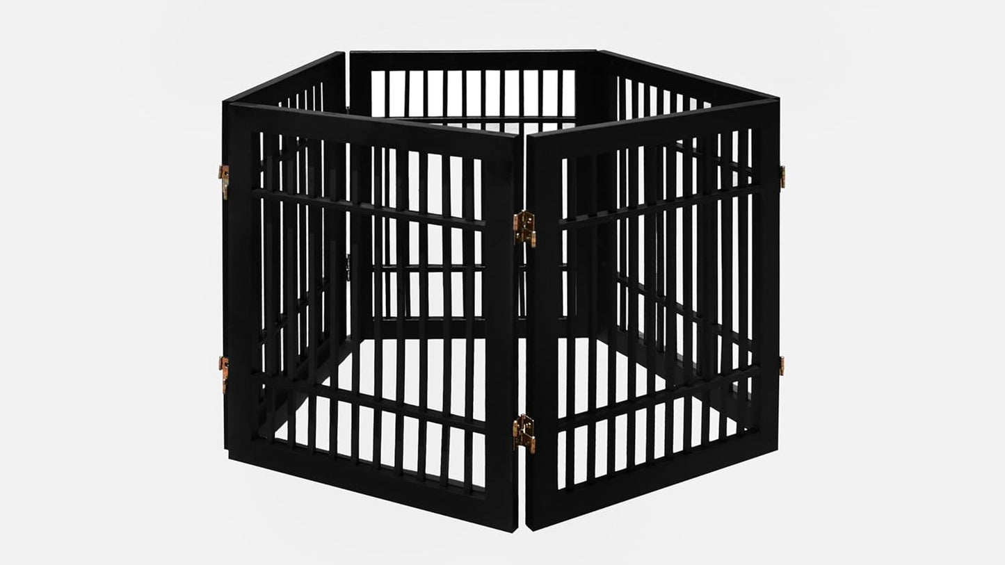Pet Dog Gate Strong and Durable Freestanding Folding Acacia Hardwood Portable Wooden Fence Indoors or Outdoors by Urnporium (Black Pet Gate, 5 Panel 24" Tall)-VerdiqueGarden
