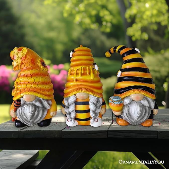 Spring & Summer-Themed Garden Statues – Adorable Outdoor Decor for Lawn, Patio & Porch (Buzzy Trio Set of Three Bumble Bee Gnome Figurines, 6" Tiered Tray Home or Garden Decoration)-VerdiqueGarden