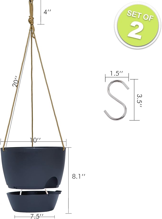 10 Inch Self Watering Hanging Pots, 2 Pack Hanging Planters with 40oZ Deep Reservior for Indoor Outdoor Plants Flowers, Black-VerdiqueGarden