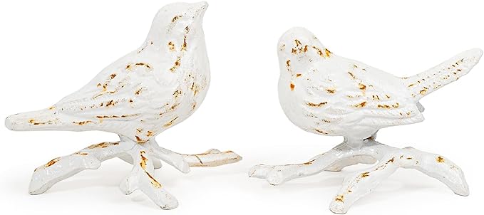 Sungmor Cast Iron Small Bird Statues, Set of 2 Antique White Bird with Branch Collectible Figurines, Farmhouse Home Garden Decorative Bird Sculpture, Realistic Indoor and Outdoor Ornaments-VerdiqueGarden