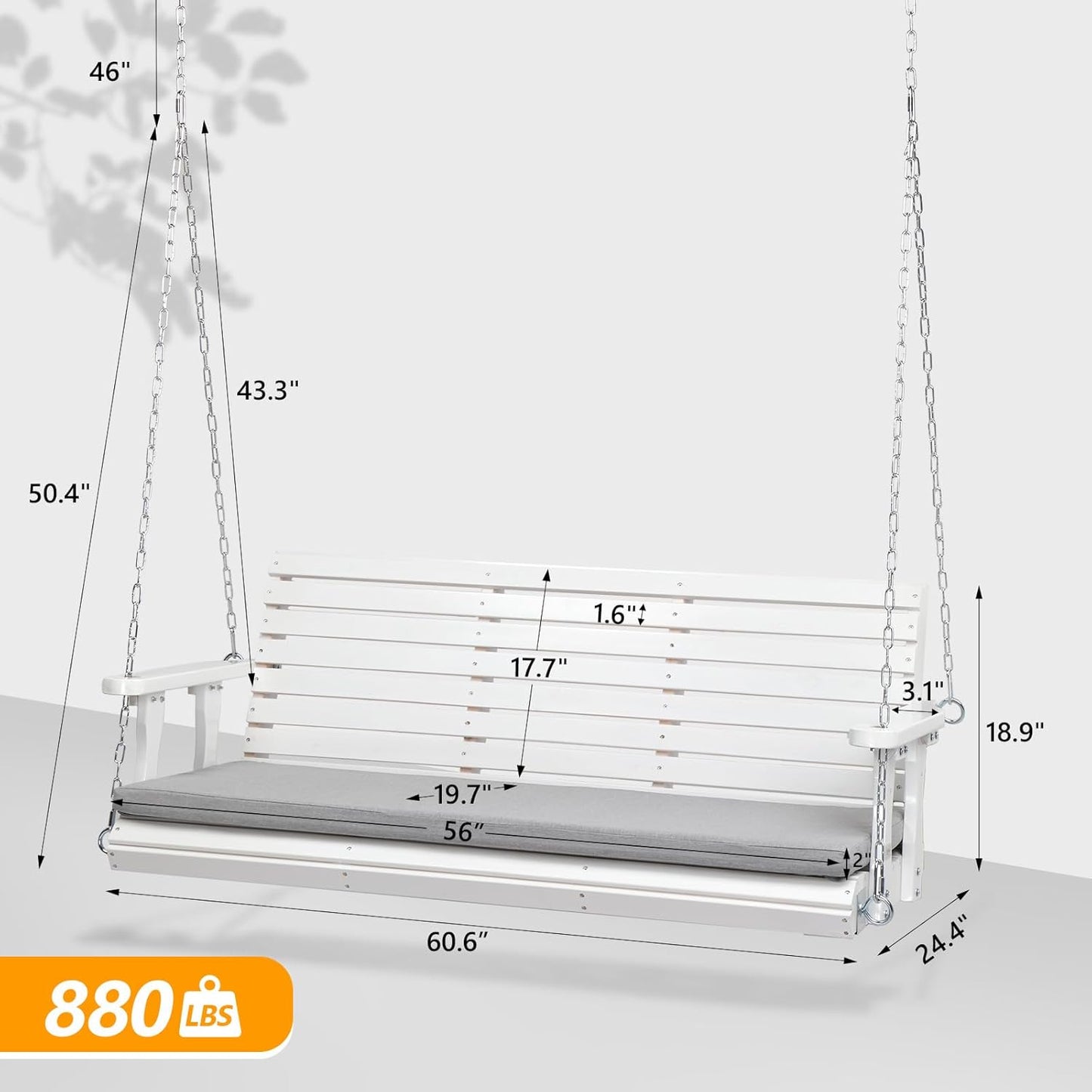 VINGLI Heavy Duty 880 LBS Patio Wooden Porch Swing Outdoor with Extra Cushion, Farmhouse Hanging Bench Tree Swing with Adjustable Chains for Yard | Garden | Lawn | Balcony (5 FT, White)-VerdiqueGarden