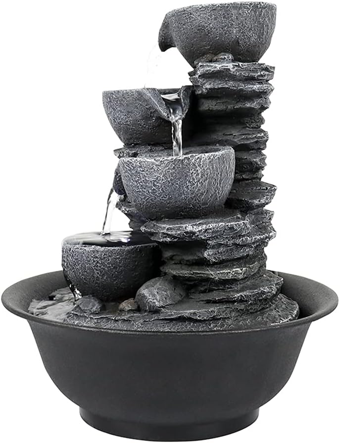 10.6” High Cascading Tabletop Fountain w/LED Light - 4-Tier Bowls Rock Water Fountains Indoor Small Relaxation Waterfall Feature for Home, Office and End Table Decoration (10.6" high, Gray)-VerdiqueGarden