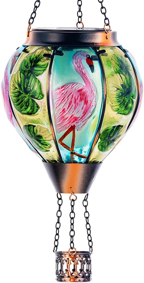 Starsoul Flamingo Hot Air Balloon Solar Lantern Solar Hot Air Balloon Flickering Flame Hanging Garden Light Metal & Glass Waterproof Lanterns for Yard Patio Farmhouse Decoration-VerdiqueGarden