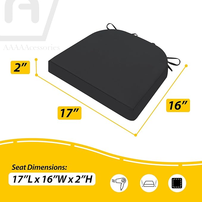 AAAAAcessories Outdoor Seat Cushions for Chairs, Waterproof, Fade-Resistant Patio Furniture Replacement Cushions, 17" x 16" x 2", Set of 2, Black-VerdiqueGarden