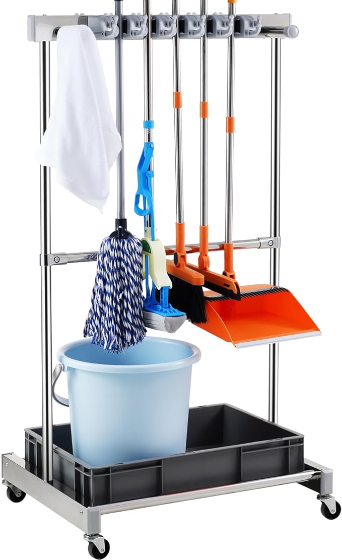 VEVOR Garden Tool Organizer, 10 Slots with Hooks, Yard Tool Tower Rack with Wheels for Garage Organization and Storage, Hold Long-Handled Tool/Rake/Broom, Metal Tool Stand Holder for Shed, Outdoor-VerdiqueGarden