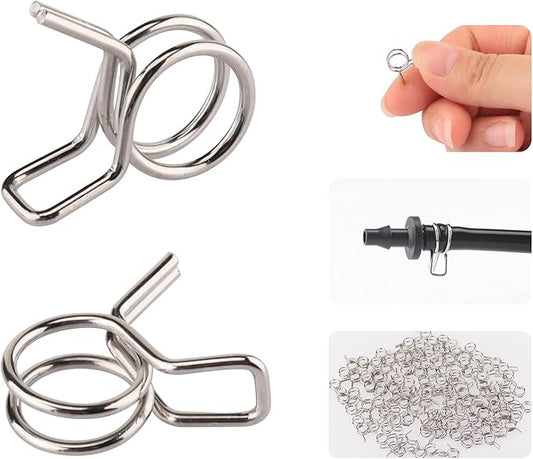 1/4" Irrigation Hose Clamps, 100 Double Line Hose Pipe Spring Clamps, Drip Irrigation Kit Connector Leak Solution-VerdiqueGarden