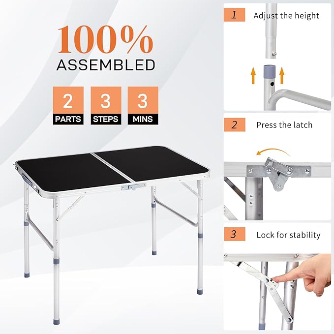 Outvita 3ft Portable Folding Camping Table, Outdoor Waterproof Adjustable Height Table, Aluminum Lightweight Suitcase Foldable Table for Picnic BBQ Beach Dining-VerdiqueGarden