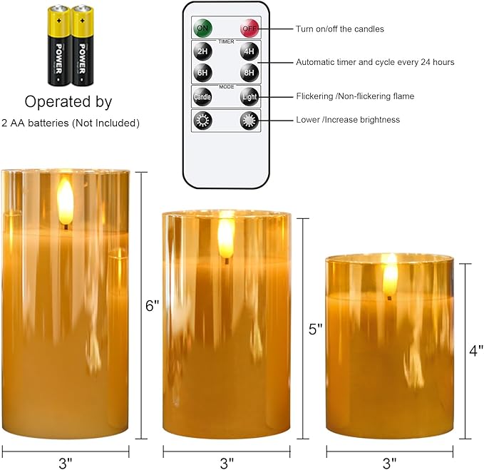 Glass Flameless Candles with Remote Timer,LED Candles Flickering Battery Operated with 3D Wick,Candle Holders Table Centerpiece Decoration for Home Wedding Birthday Festival(Gold)-VerdiqueGarden