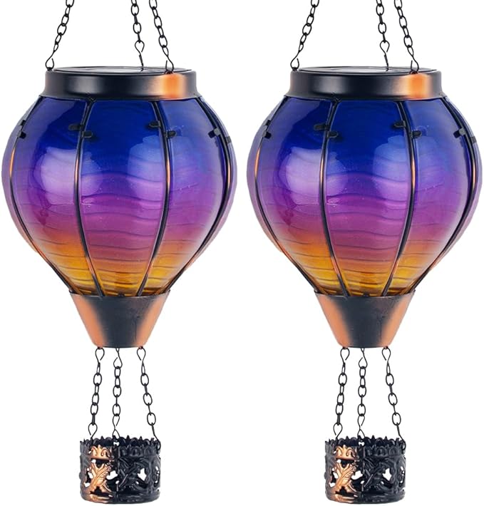 Starsoul 2 PC Starsoul 2 PC Glass Solar Hot Air Balloon Flickering Flame Hanging Garden Light Purple Waterproof Hot Air Balloon Solar Lantern with Large Basket-VerdiqueGarden
