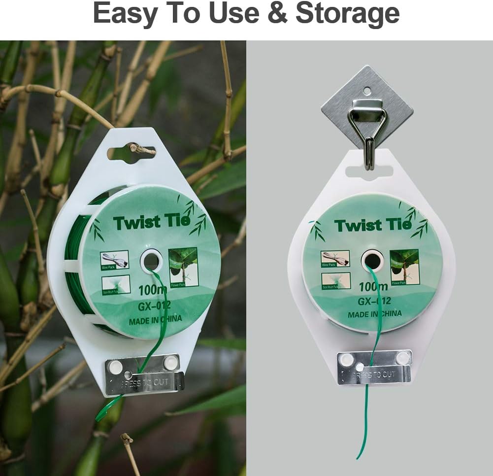 (2 Reels) Garden Wire, Twist Ties Heavy Duty with Cutter 328 Ft Multi-Function Green Coated Tape to Support Plant Tie Up Bags for Home Office (328 Feet / 100 m)-VerdiqueGarden