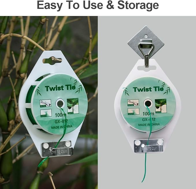 (2 Reels) Garden Wire, Twist Ties Heavy Duty with Cutter 328 Ft Multi-Function Green Coated Tape to Support Plant Tie Up Bags for Home Office (328 Feet / 100 m)