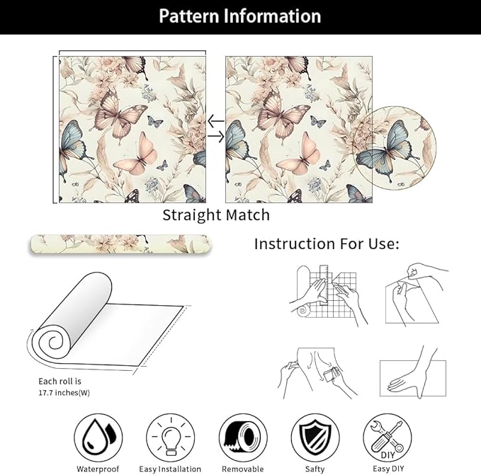 Wonderland Boho Butterfly Flowers Peel and Stick Wallpaper Self Adhesive Removable Easy Peel Off Stick on Wall Paper for Bedroom Cabinet Renter Friendly-VerdiqueGarden