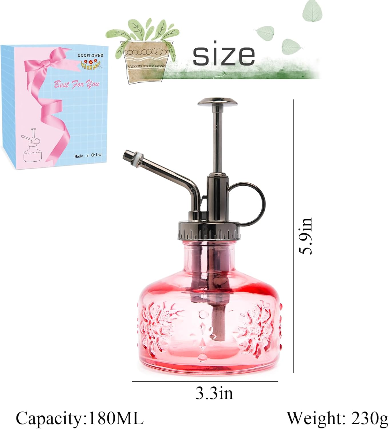 XXXFLOWER Glass Plant Mister Spray Bottle for Indoor Plant Spritzer Succulent Watering Bottle Tall Vintage Style with Bronze Plastic Top Pump-VerdiqueGarden