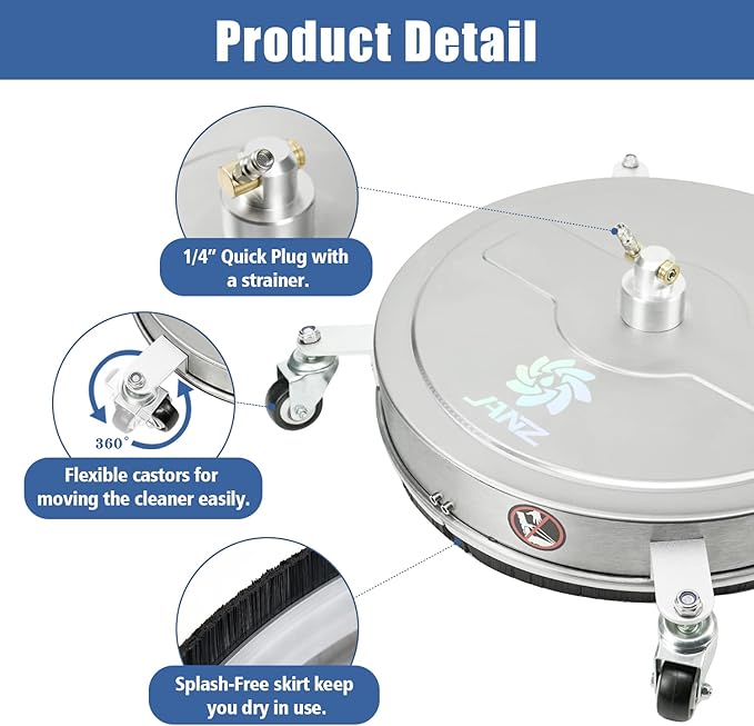 JANZ 20'' Pressure Washer Surface Cleaner with 4 Wheels, Stainless Steel Housing, 1/4" Quick Plug, 2 Extension Wands, 2 Replacement Nozzles and 3 Spray Nozzles, 4000 PSI-VerdiqueGarden