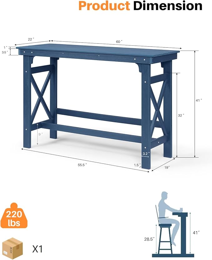 HDPE Outdoor Bar Table, 41" Rectangular Patio Bar Tables, Outdoor Counter Height Table Adirondack Patio Bar Height Table, HDPE Outside Pub Tables for Outside, Balcony, Deck, Poolside, Navy-VerdiqueGarden