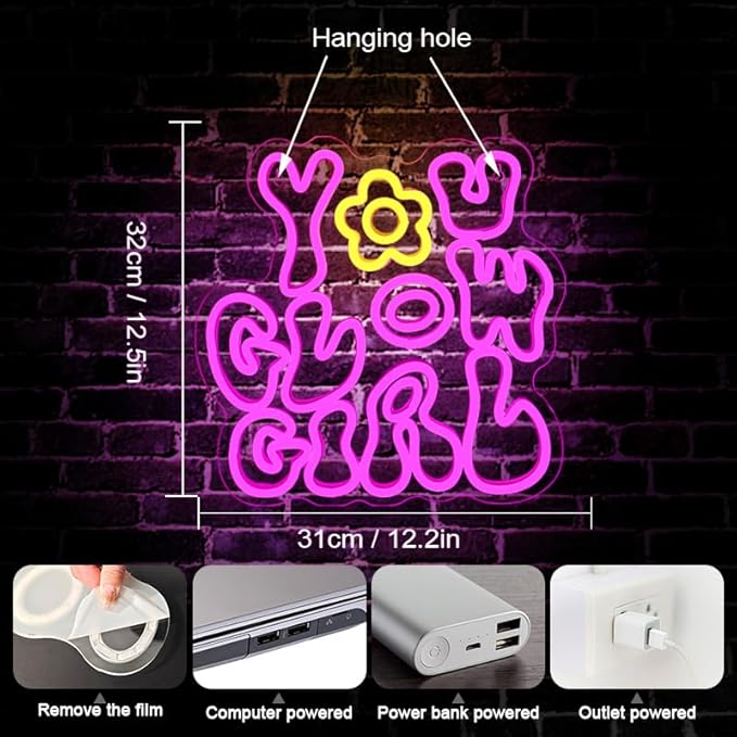 WLHOPE You Glow Girl Neon Sign Pink Led Neon Signs for Wall Decor USB Glowing Girl Neon Light Signs Man Cave Wall Art Signs for Bedroom Girls Room Bar Club Shop Office Wedding Birthday Party-VerdiqueGarden