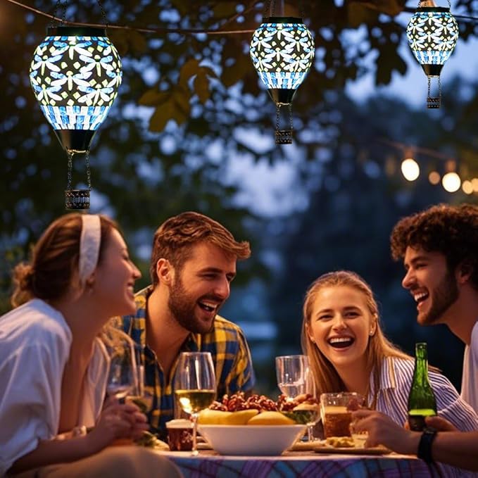 Starsoul Mosaic Dragonfly Hot Air Balloon Solar Lantern Glass Outdoor Hanging Hot Air Balloon Solar Flickering Flame Light Waterproof Garden Patio Yard Party Decorations-VerdiqueGarden