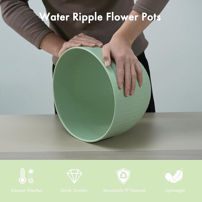 12 Inch Large Plant Pots for Indoor or Outdoor Plants, Wide Water Ripples Flower Pots with Drainage Holes & Saucer, Plastic Planters Set for Garden & Home Decor (Green)-VerdiqueGarden