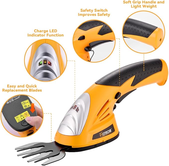 Hoteche Cordless Grass Shear & Hedge Trimmer 2-in-1 Handheld 7.2V Rechargeable Electric Shrub Clippers-VerdiqueGarden