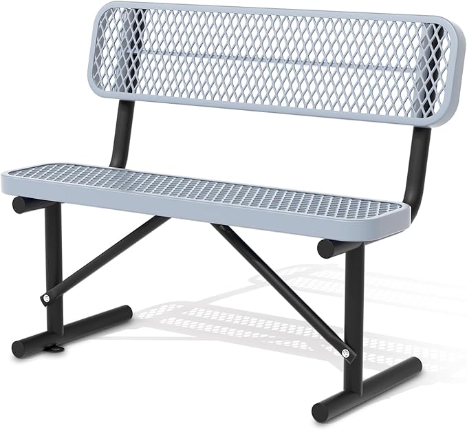 Heavy Duty Park Bench with Back Portable Frame, Outdoor Steel Bench with Backrest, Outdoor Park Bench Expanded Metal Mesh Bench for Lawn, Park, Deck, Garden, Patio, Porch, Black (Gray, 4FT)-VerdiqueGarden
