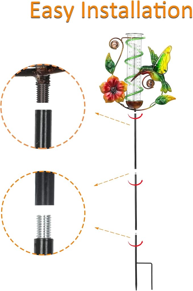 LEWIS&WAYNE 36.3” Hummingbird Rain Gauge Outdoor, 7” Glass Tube Solar Powered 10 Warm White LEDs Garden Metal Stakes Decorative Waterproof for Yard Garden Patio Lawn-VerdiqueGarden