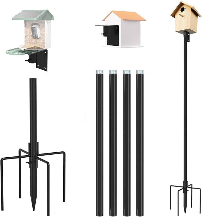 ERYTLLY Bird House Pole Mount Kit 80 Inch - Adjustable Hummingbird Bird Feeder Post Support Rod Universal Stand Set with 5 Prongs for Outdoor, Yard, Garden Decor, Black-VerdiqueGarden