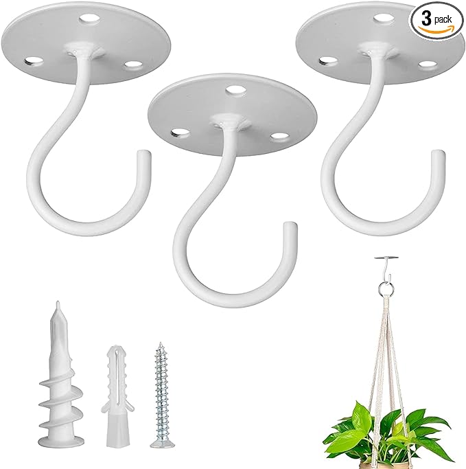Ceiling Hooks for Hanging Plants - Metal Heavy Duty Wall Mounted Hangers for Hanging Bird Feeders, Planters, Wind Chimes, Include Professional Drywall Anchors (3-Pack (White)-VerdiqueGarden