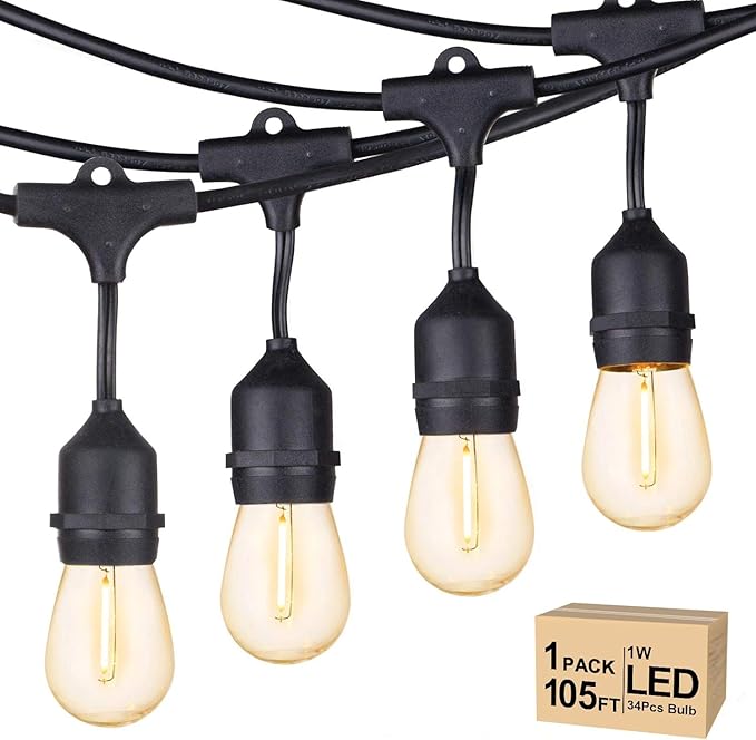 Svater Outdoor String Lights Led 105FT, Commercial Grade Patio Lights with 1W Dimmable S14 Shatterproof Bulbs, ETL Listed Heavy-Duty Outside Waterproof Cafe Bistro Market Lighting Warm White-VerdiqueGarden