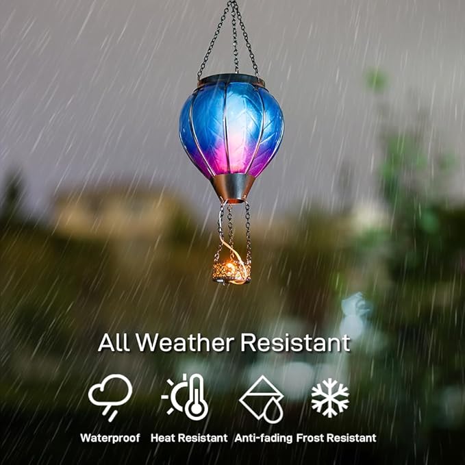 Starsoul 2 PC Blue Hot Air Balloon Solar Lantern with Flame Glass Hanging Outdoor Hot Air Balloon Solar Light Waterproof Garden Patio Yard Party Decorations-VerdiqueGarden