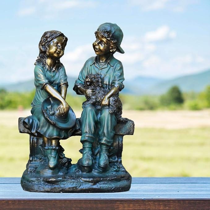 Alpine Corporation 16" Tall Indoor/Outdoor Girl and Boy Sitting on Bench with Puppy Statue Yard Art Decoration-VerdiqueGarden