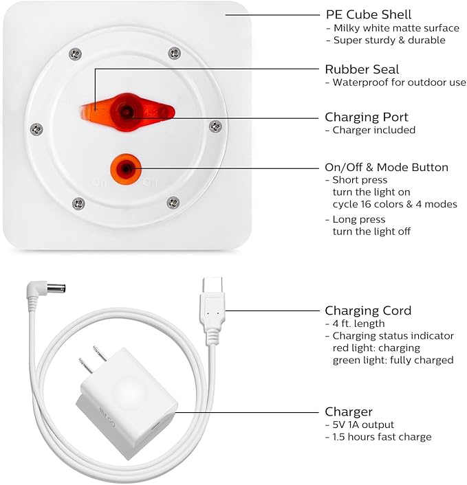 Mr.Go 4-inch Dimmable LED Night Light Mood Lamp for Kids and Adults - 16 RGB Colors - 8 Level Dimming - 4 Lighting Effect - Rechargeable - Remote Control - Decorative, Fun & Safe - White Finish Cube-VerdiqueGarden