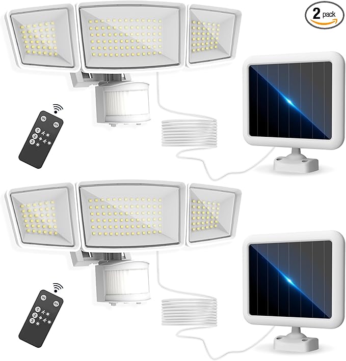 Energetic Solar Outdoor Lights, 1800LM 192 LED Security Motion Sensor Outdoor Lights with Remote Control, IP65 Waterproof Floodlight, 3 Head Motion Detected Spotlight for Garage, Pack of 2 (White)-VerdiqueGarden